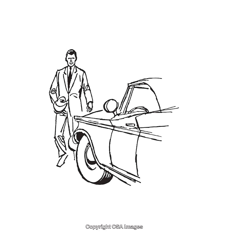 Black and White Line Art of a Man and a Classic Car