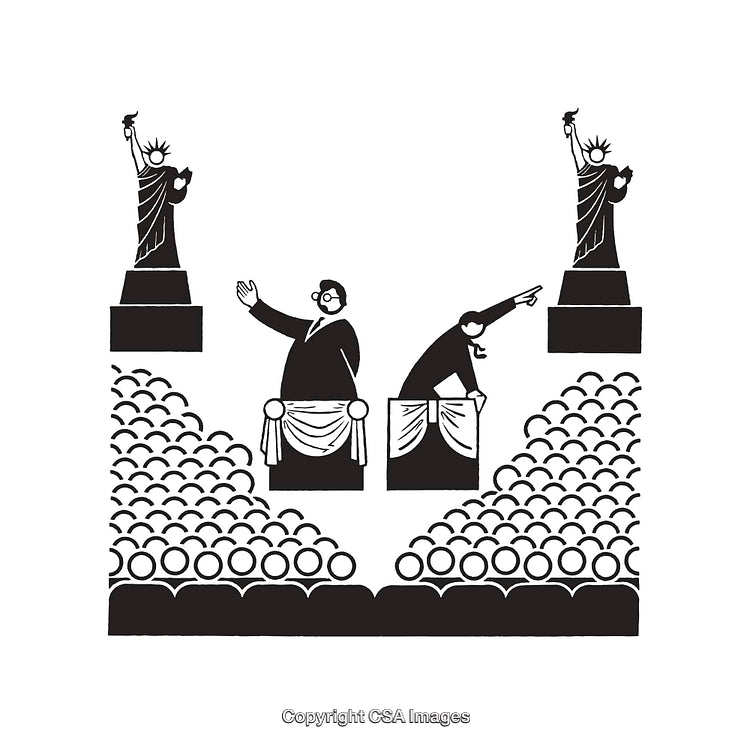 Black and White Line Art Depicting Politicians Speaking to Crowds