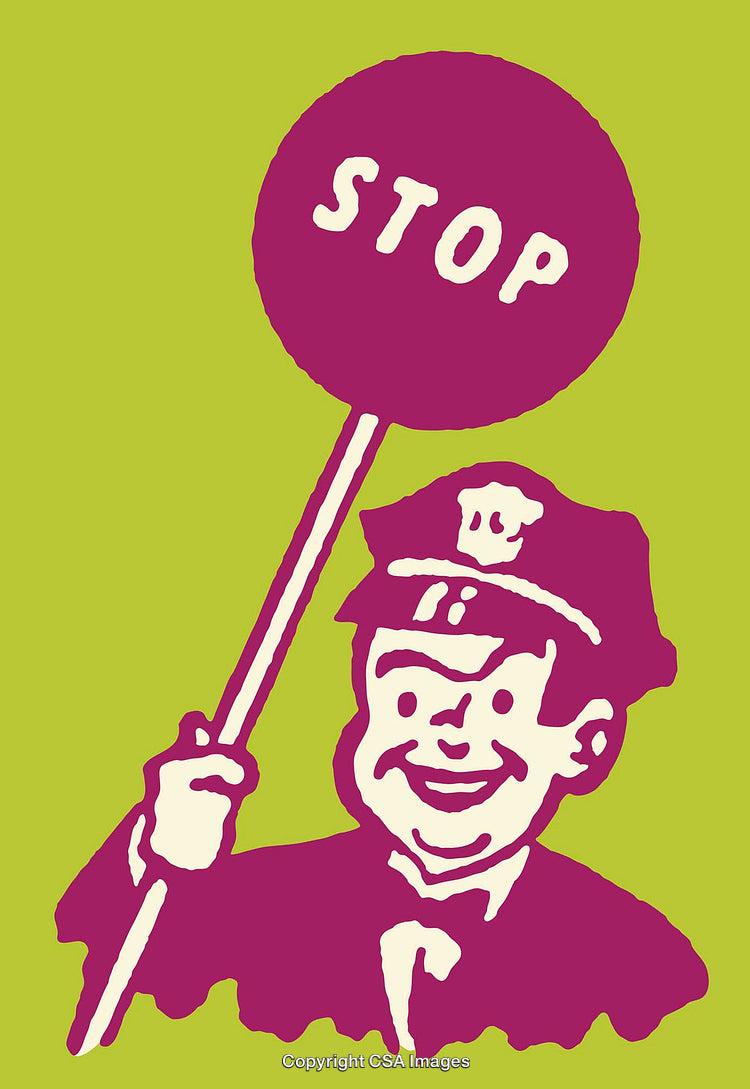 Retro Style Illustration of Smiling Policeman Holding Stop Sign on Green Background