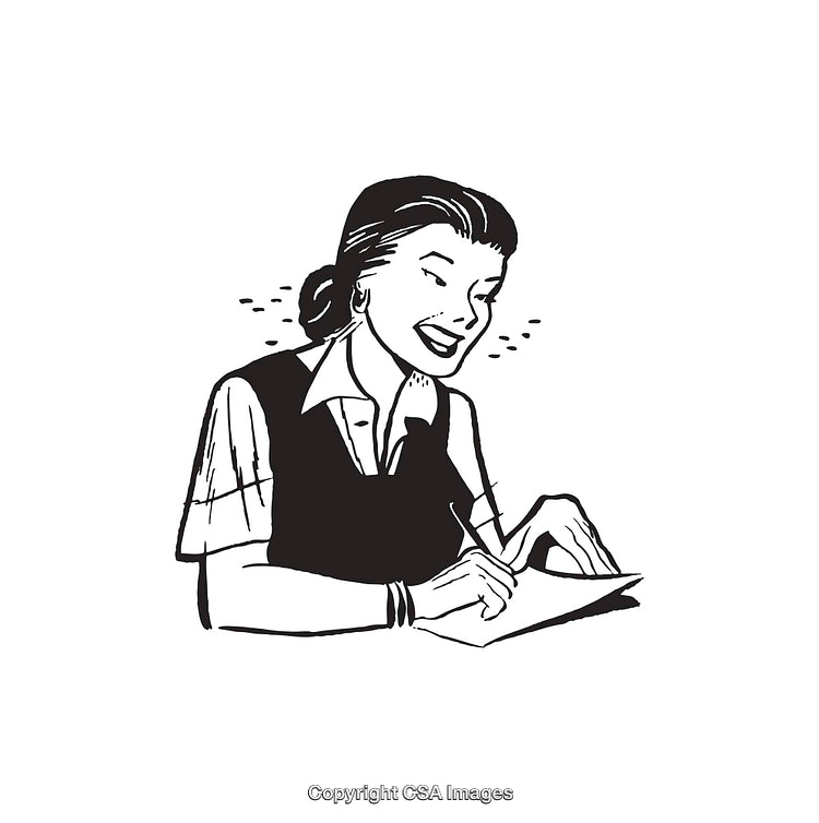 Retro Style Illustration of a Writing Woman in Black and White