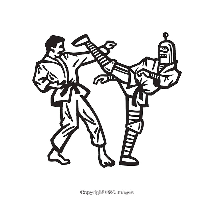 Black and White Illustration of Martial Arts Fight Between Human and Robot