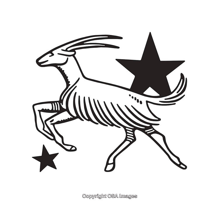 Stylized Black and White Goat Illustration with Decorative Elements