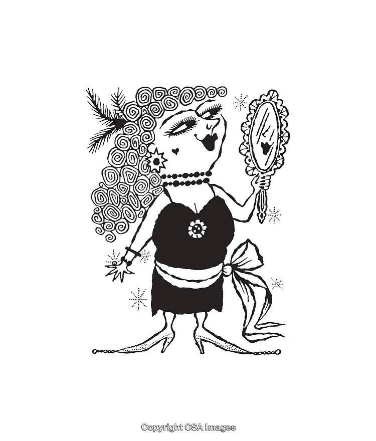 Whimsical Line Art of Glamorous Character Admiring Reflection in Hand Mirror