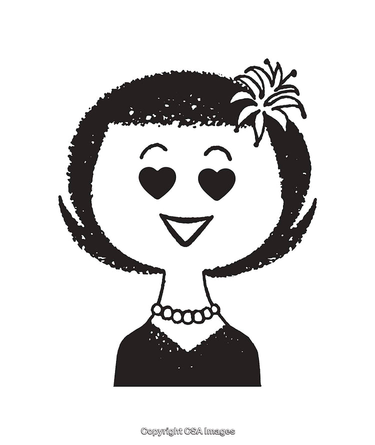 Stylized Black and White Line Art Illustration of Happy Woman