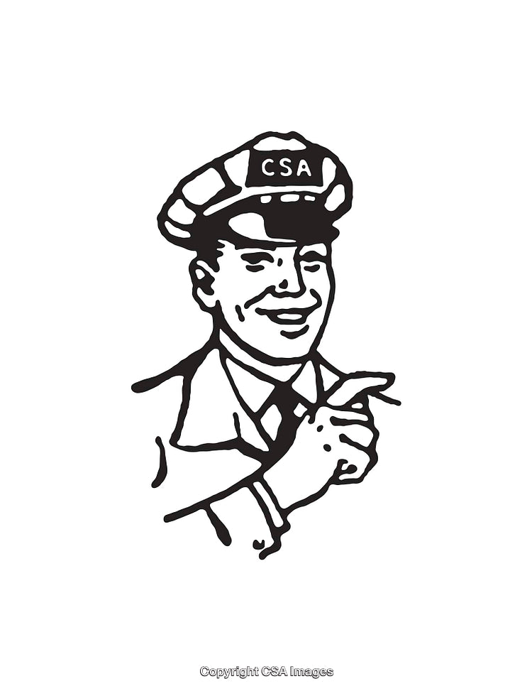 Retro Black and White Line Art of a Smiling Man in a Hat