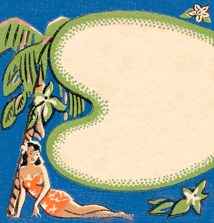 Vintage Illustration of a Tropical Scene with Woman and Palm Tree