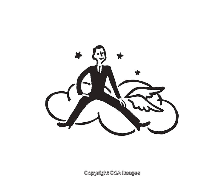 Businessman Illustrating Positive Ambition Flying on Cloud and Wings