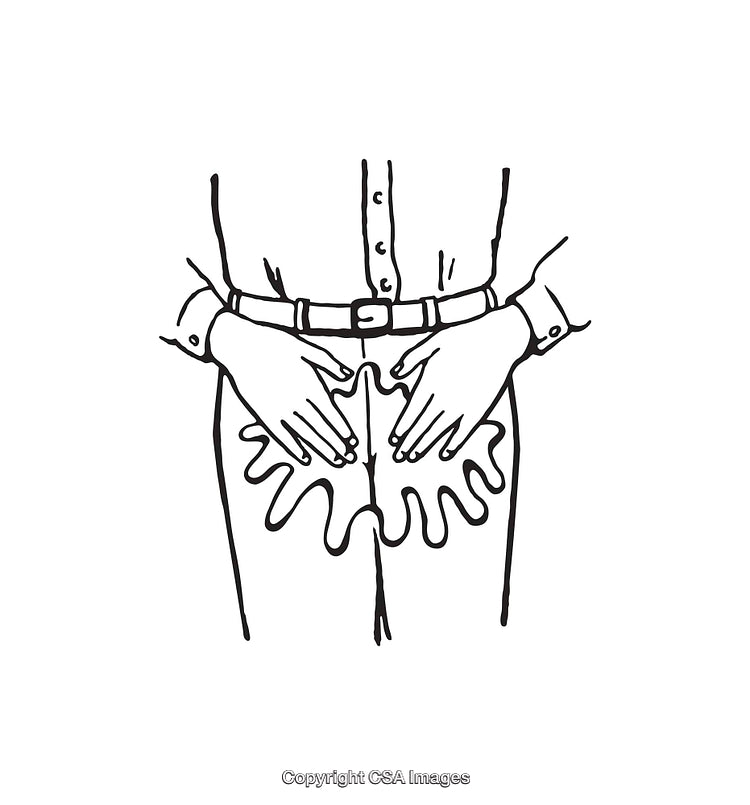 Black and White Line Art of Hands on Stomach Gesture