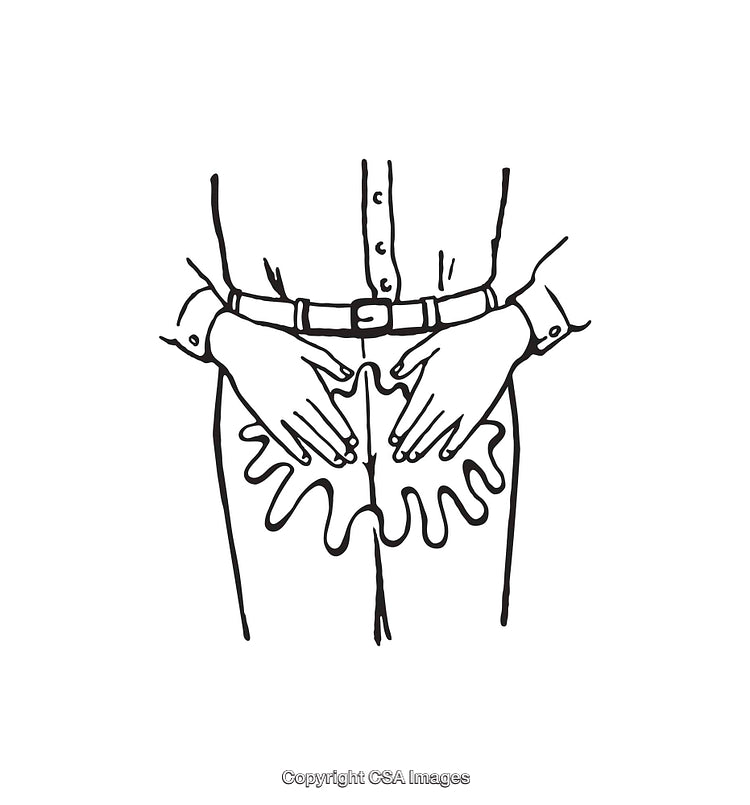 Black and White Line Art of Hands on Stomach Gesture