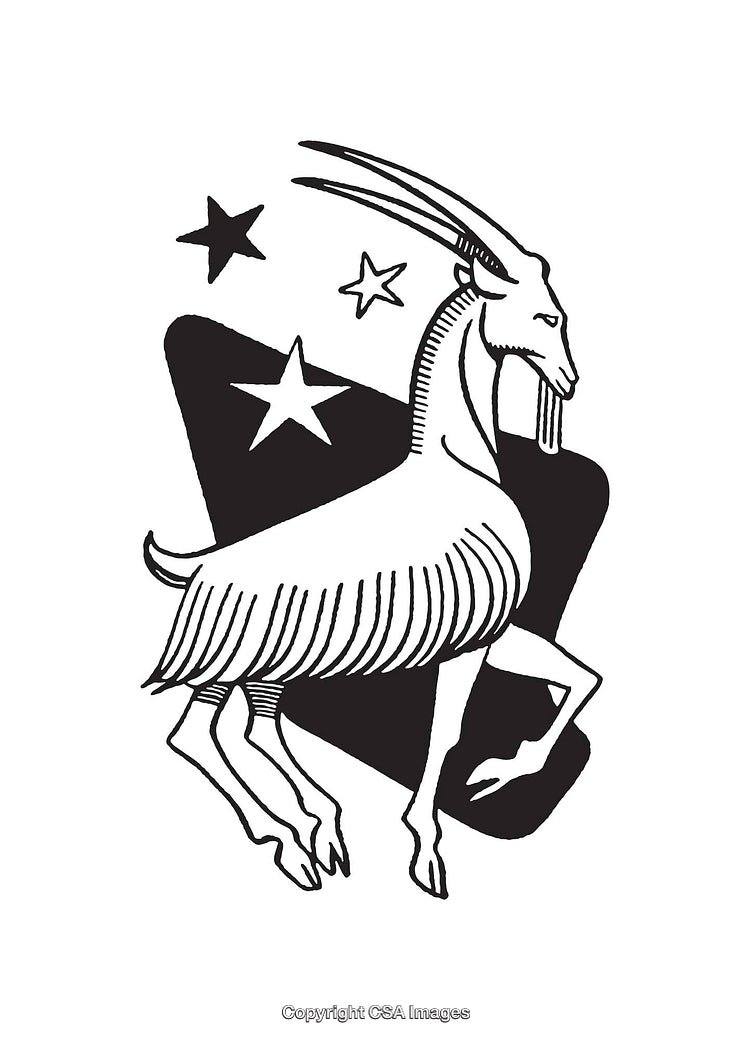 Stylized Illustration of a Goat with Celestial Elements in Line Art Style