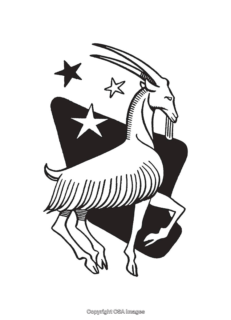 Stylized Illustration of a Goat with Celestial Elements in Line Art Style
