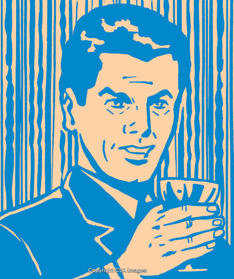 Illustrated Vintage Style Man Holding Drink With Striped Background Pattern