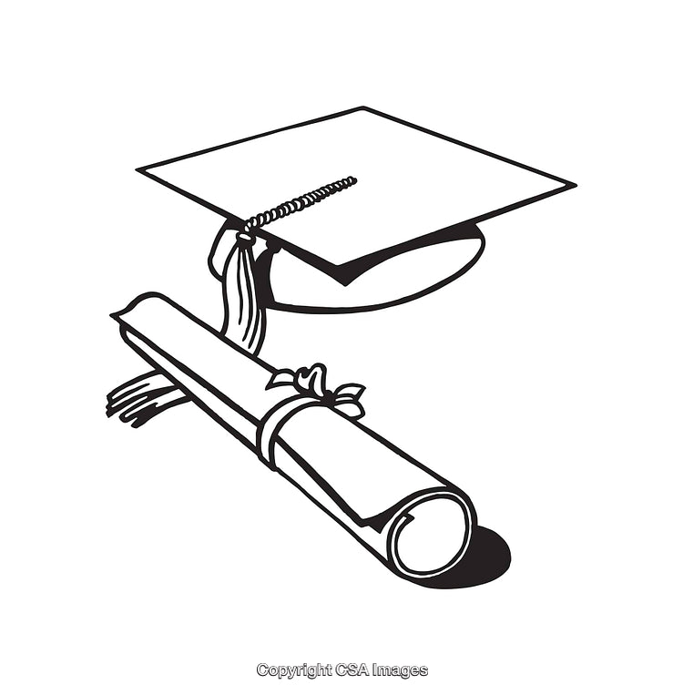 Black and White Line Art of Graduation Cap and Diploma Symbol
