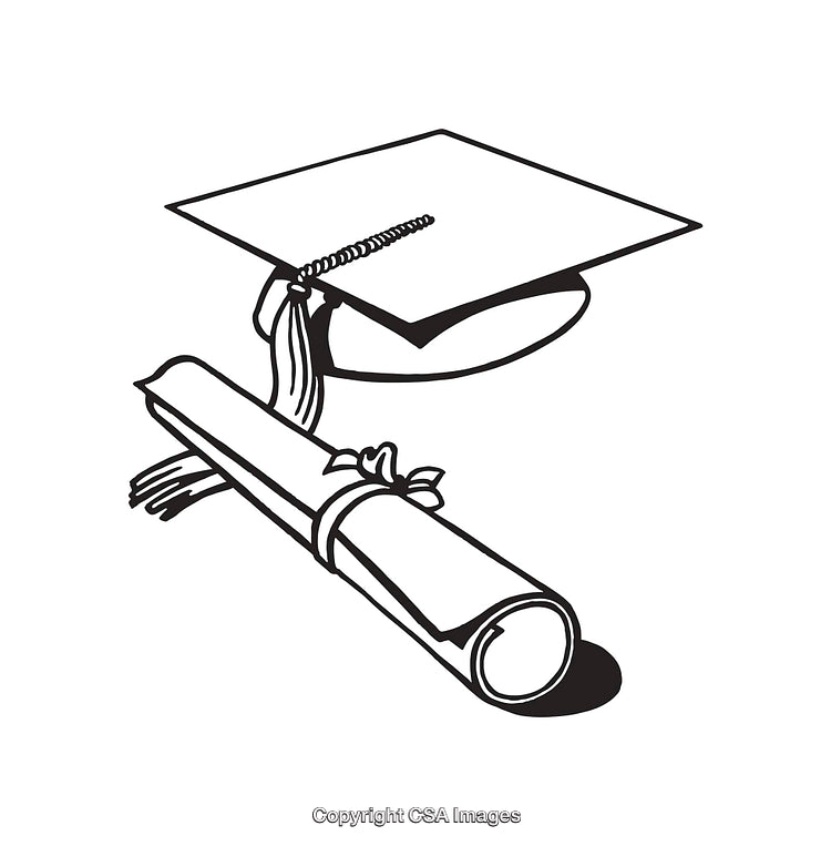 Black and White Line Art of Graduation Cap and Diploma Symbol