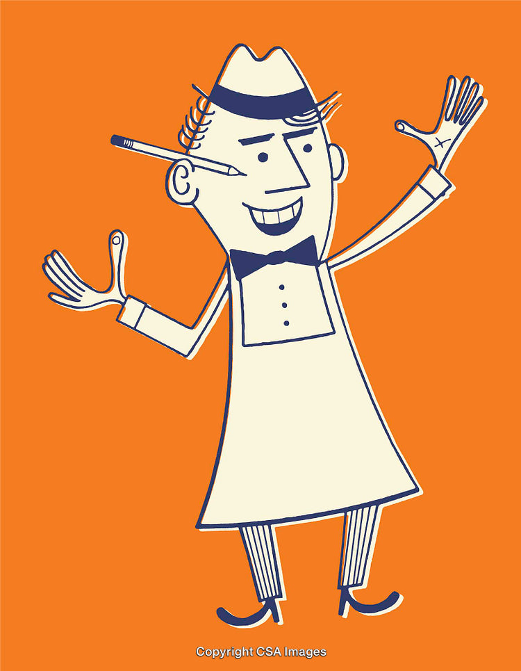 Cheerful Cartoon Waiter With Pencil on Bright Orange Background