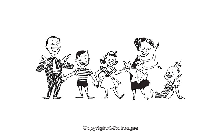 Vintage Black and White Line Art Illustration of a Cheerful Family Scene