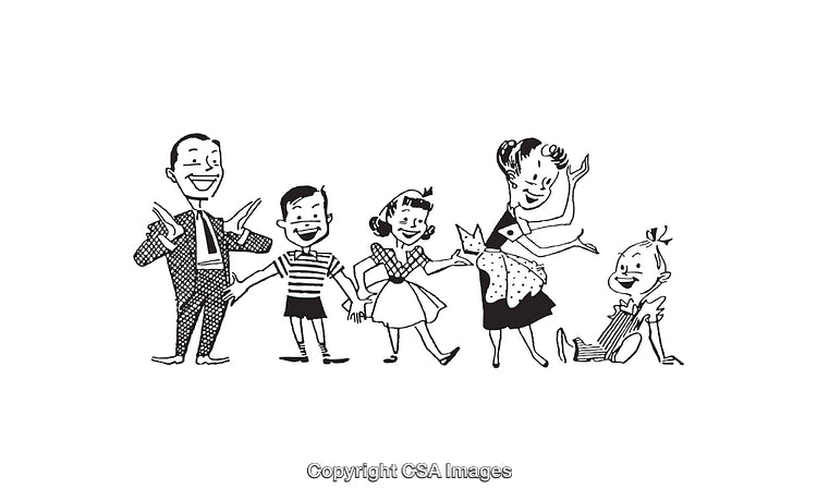Vintage Black and White Line Art Illustration of a Cheerful Family Scene