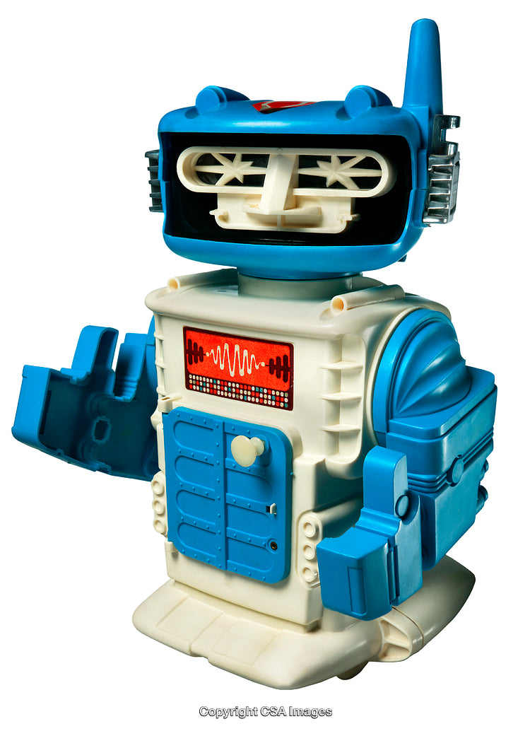 Retro Toy Robot with Blue and White Design and Antenna