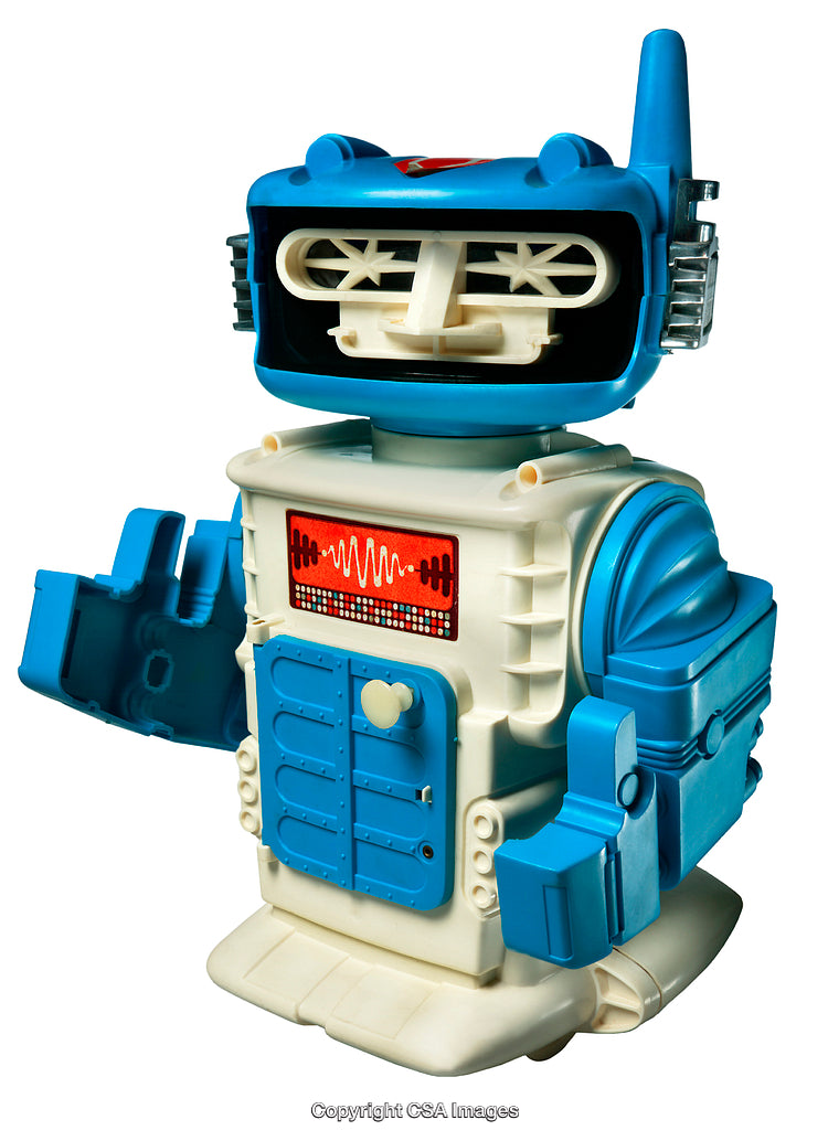 Retro Toy Robot with Blue and White Design and Antenna