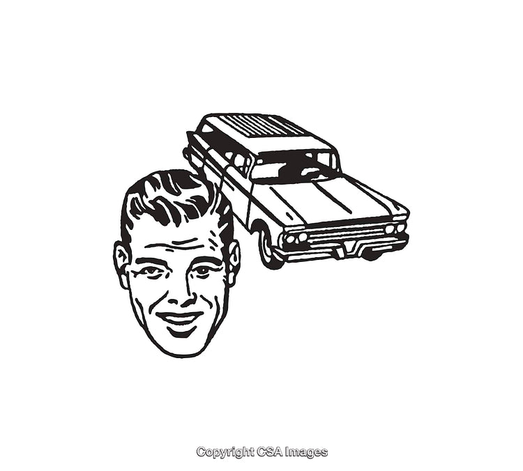 Black and White Vintage Illustration of a Man With a Classic Car