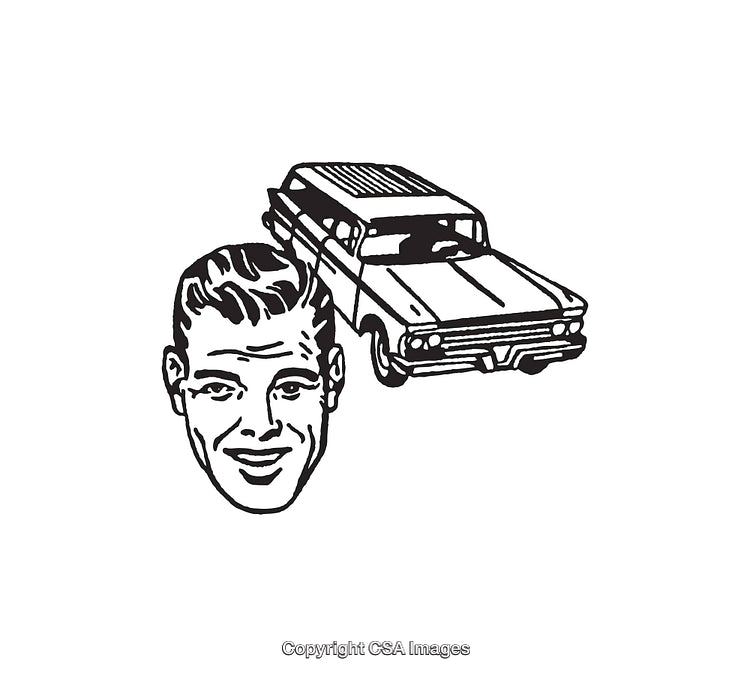 Black and White Vintage Illustration of a Man With a Classic Car
