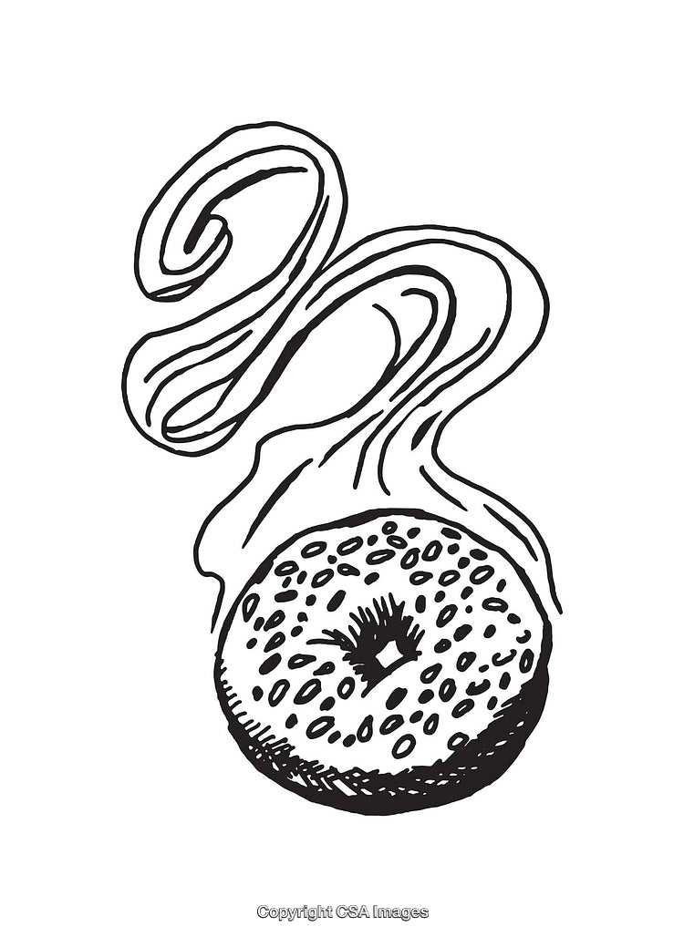 Illustration of a Round Baked Bagel with Steam in Black and White