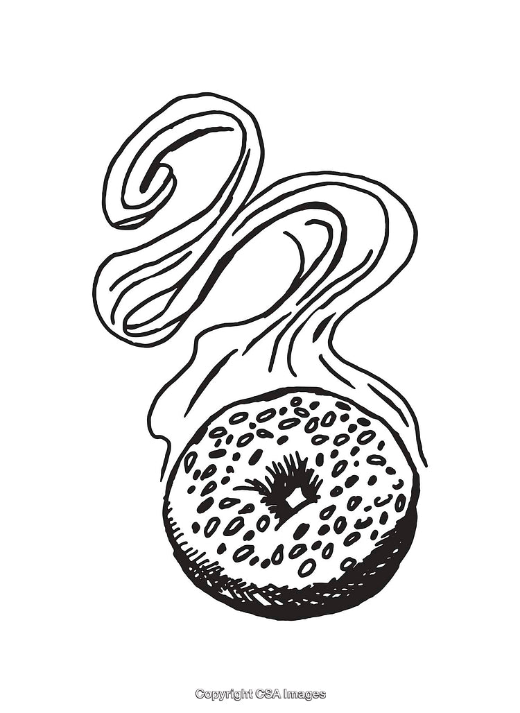 Illustration of a Round Baked Bagel with Steam in Black and White