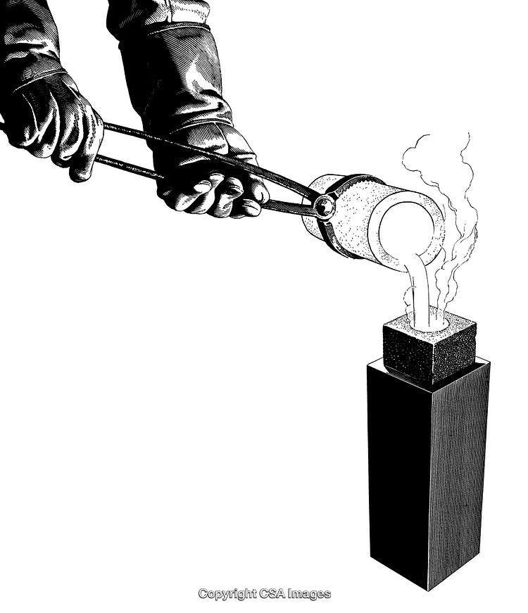Black and White Engraving of Metal Casting Process with Worker Pouring Molten Metal