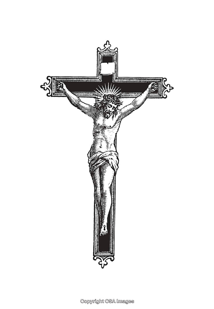Intricate Black and White Line Art of Religious Crucifixion Scene