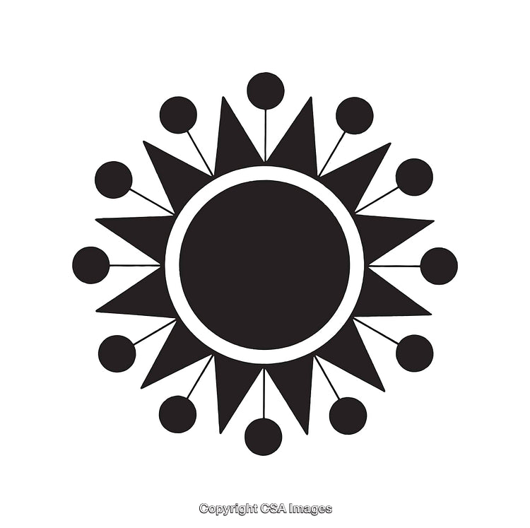 Black and White Geometric Illustration Depicting Radiating Shapes and Circular Motifs