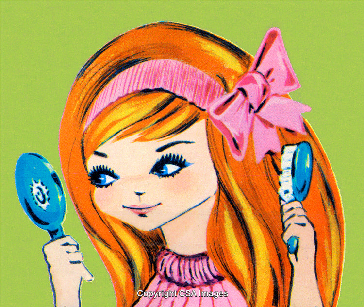 Retro Styled Illustration of Young Girl Grooming with Mirror and Comb