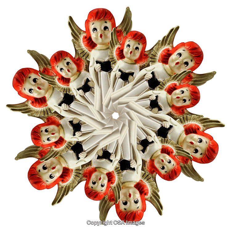 Kaleidoscope of Red-Haired Angel Figurines with Golden Wings Holding Song Books