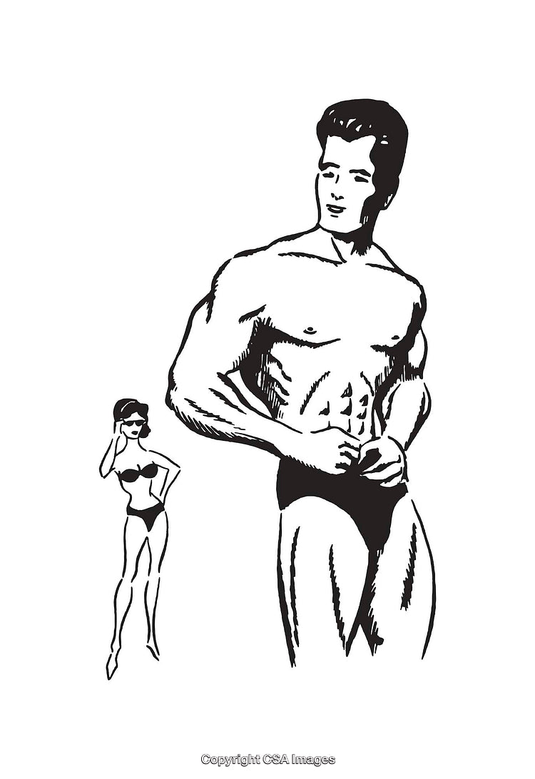Black and White Line Art of a Muscular Man and a Woman in Swimwear