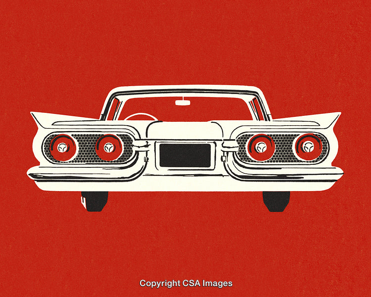 Vintage Car Illustration of Retro Vehicle Front on Bold Red Background