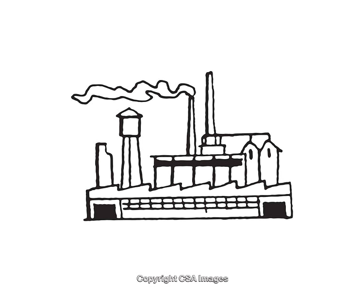 Hand-Drawn Industrial Factory with Chimneys and Water Tower Sketch