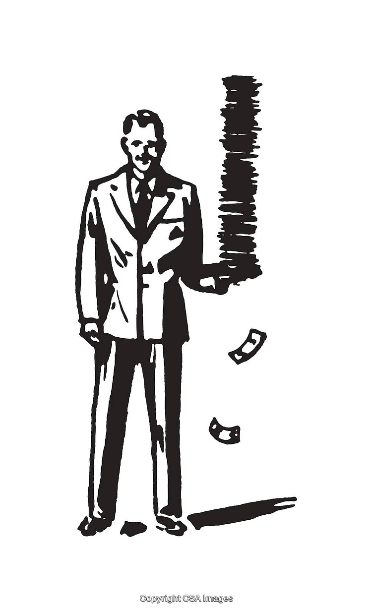 Retro Style Line Art Illustration of Businessman Balancing Money