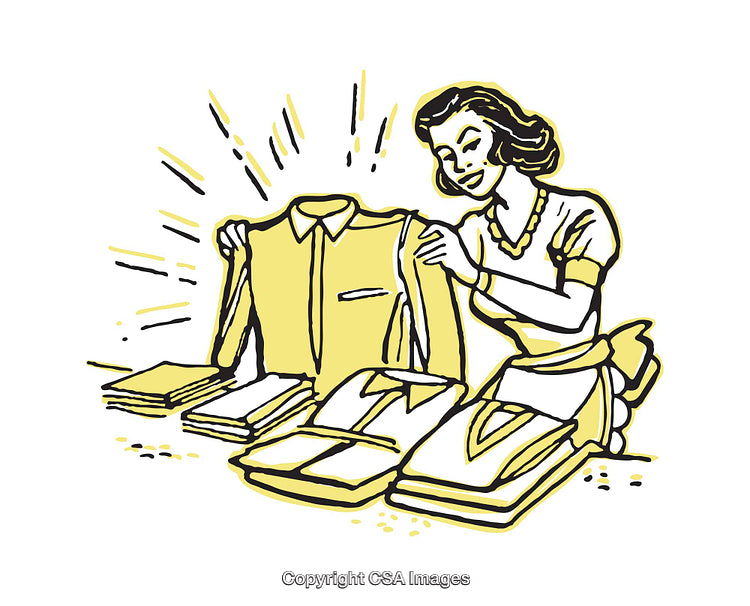 Vintage Illustration of a Homemaker Folding Laundry with Energy
