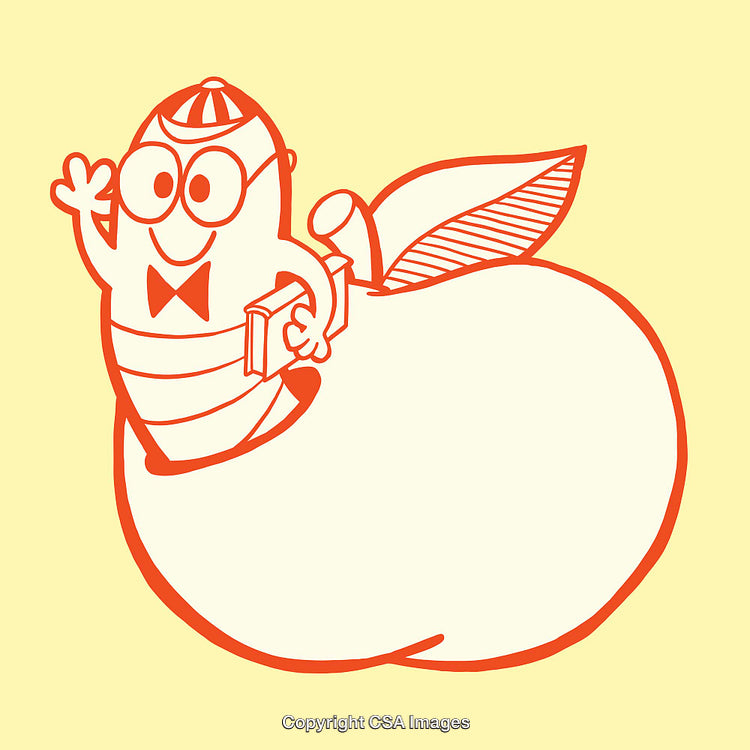Cheerful Cartoon Worm in Apple with Book on Yellow Background