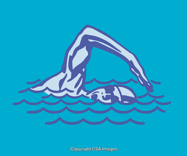 Illustration of a Swimmer Performing Freestyle Stroke in Water with Blue Background