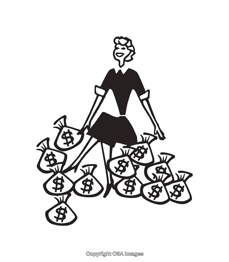 Retro Black and White Illustration of Woman Sitting with Money Bags