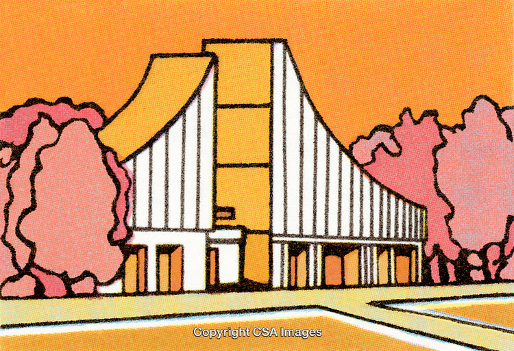 Modern Building Among Blossoming Trees with Vibrant Colors in Artistic Style