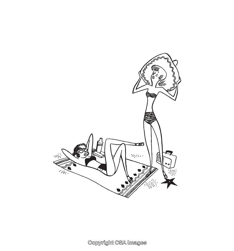 Vintage Black and White Line Art of Women Sunbathing and Relaxing