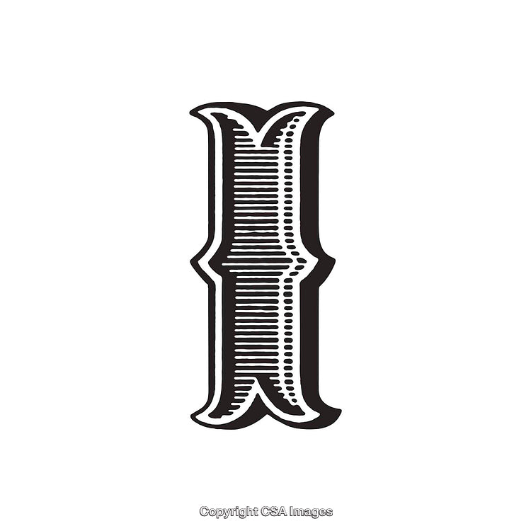 Decorative Black Letter 'I' in Bold Engraved Style on White Background