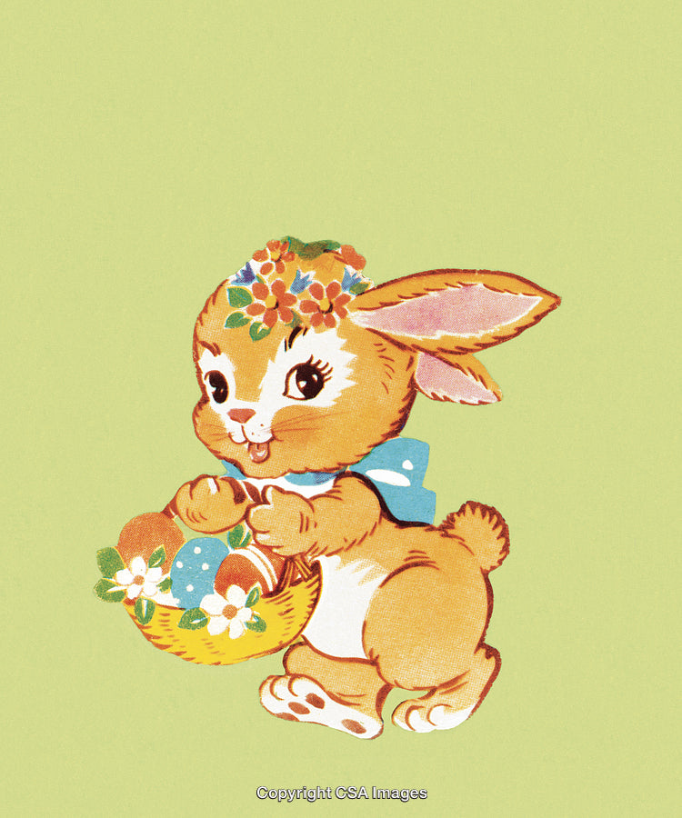 Cute Bunny Carrying Easter Basket on Light Green Background