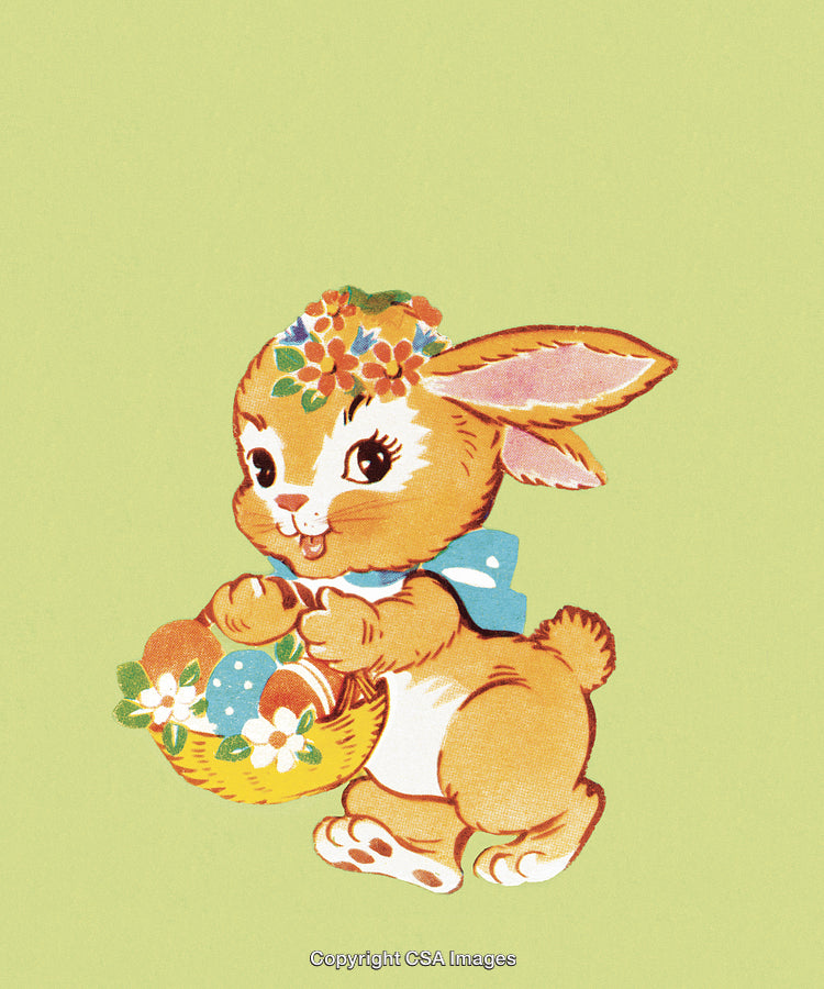 Cute Bunny Carrying Easter Basket on Light Green Background