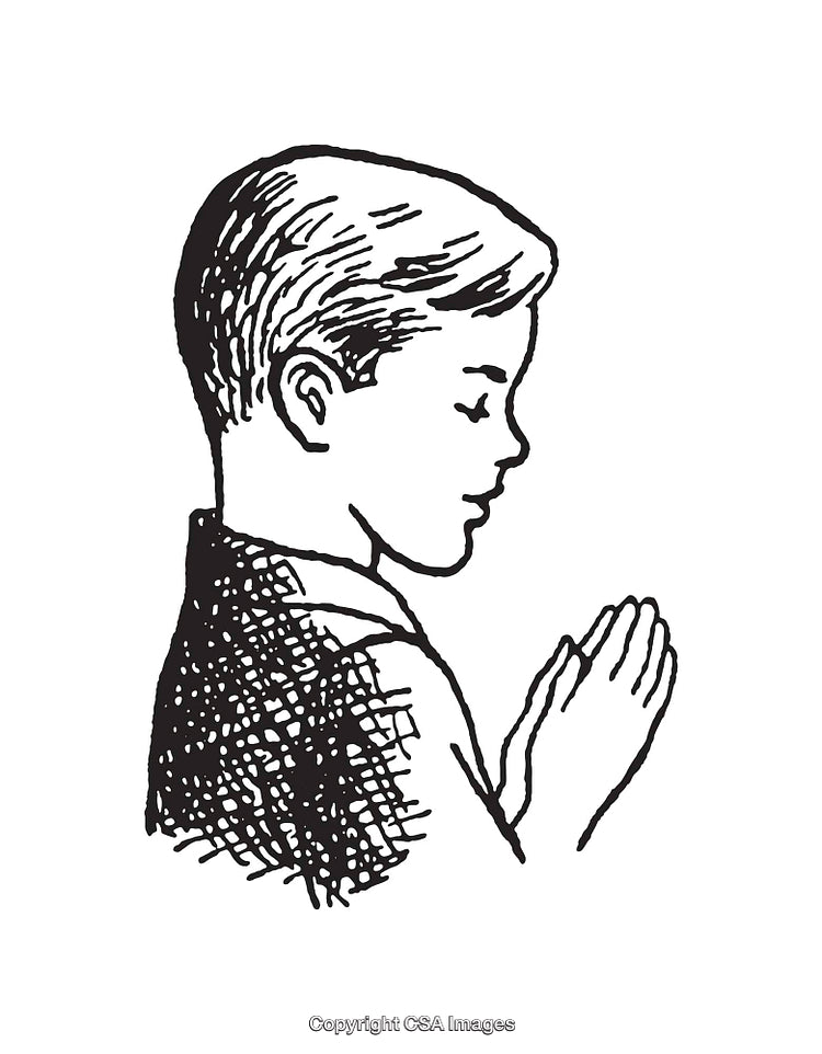 Black and White Illustration of a Boy Praying with Folded Hands