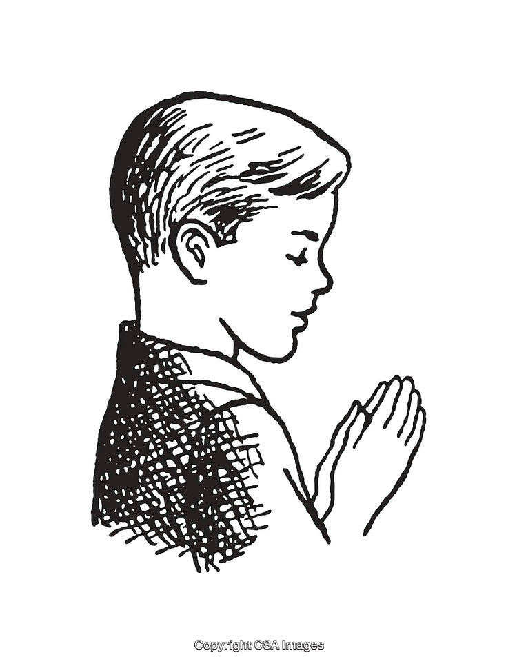 Black and White Illustration of a Boy Praying with Folded Hands