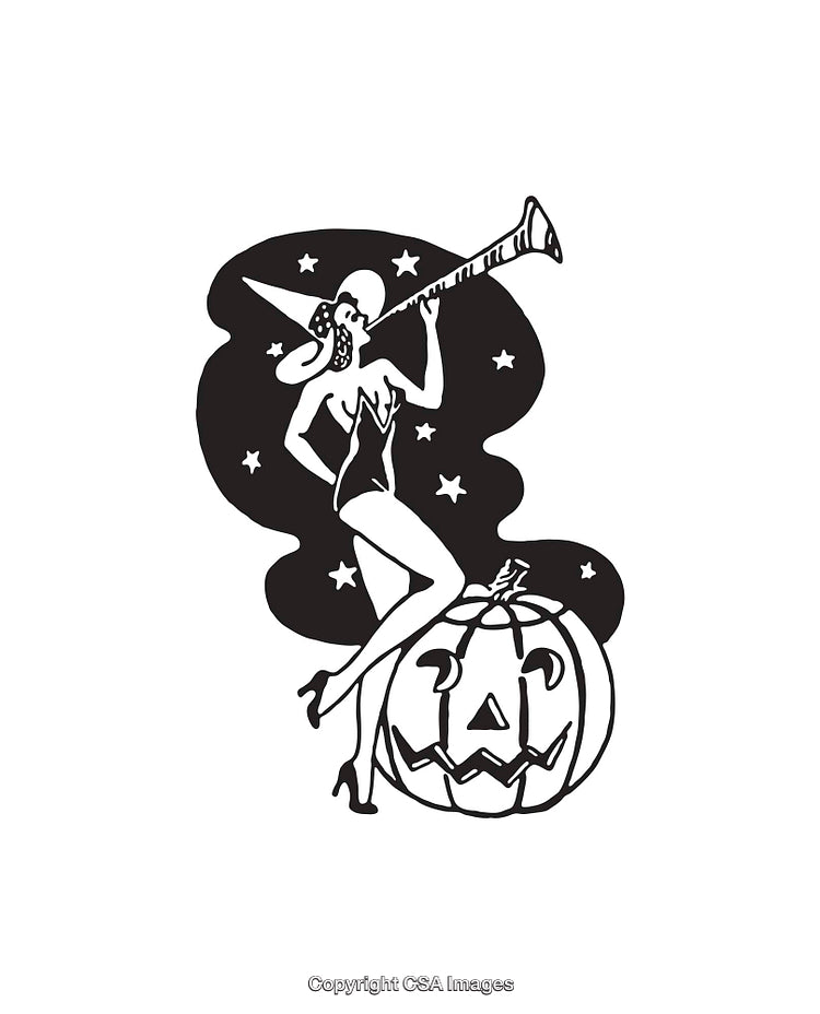 Black and White Illustration of a Witch with a Pumpkin and Stars