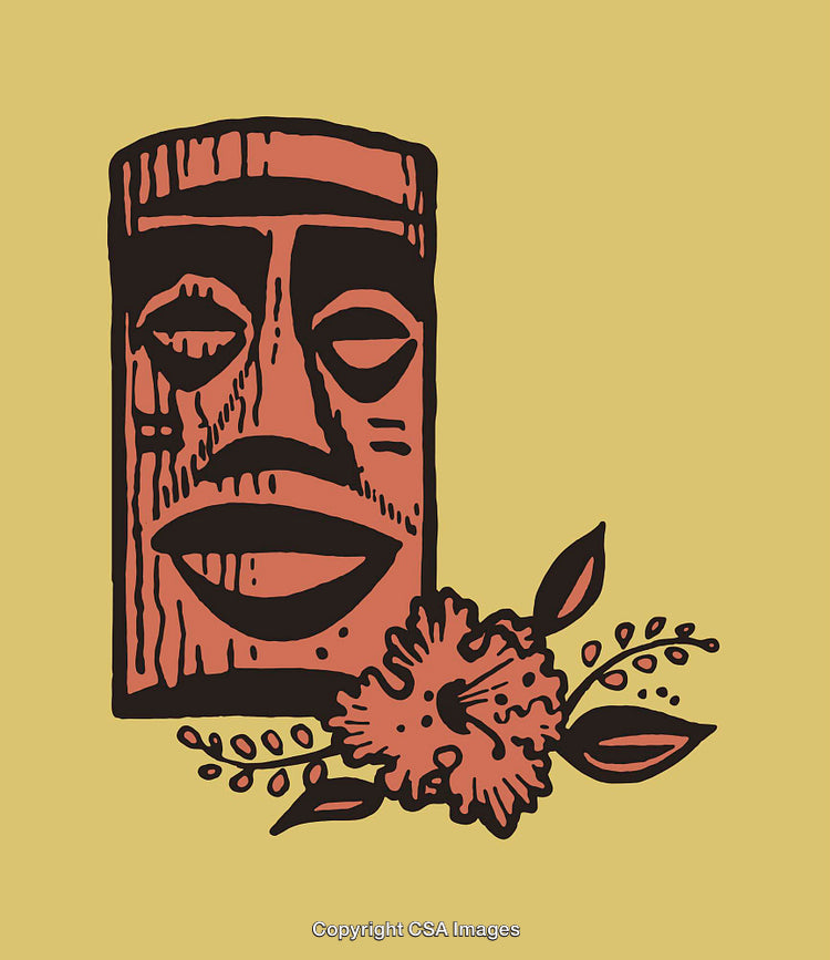 Tiki Mask Illustration with Floral Decoration in Vintage Style Artwork