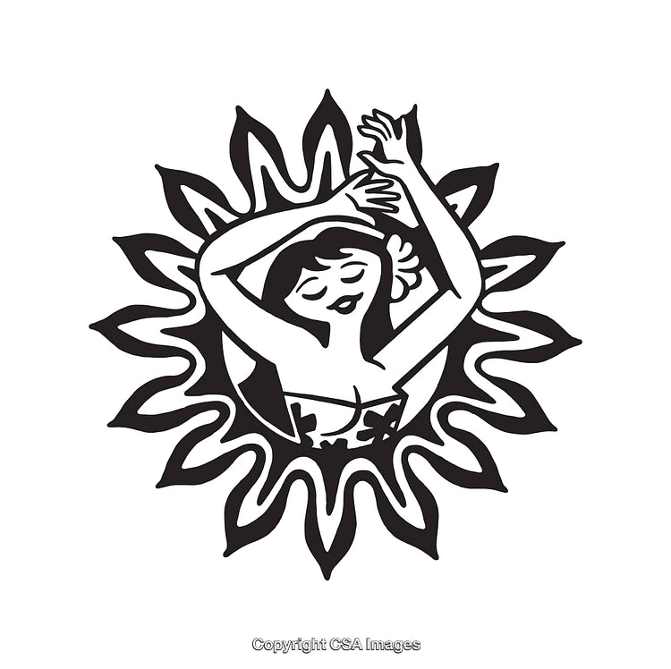 Black and White Line Art of Woman Dancing With Radiant Sun Design